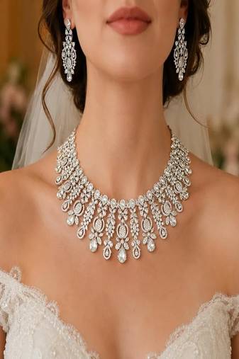 Cubic Zirconia Statement Necklace Earring Set, Diamond-Look Bridal Choker, Pageant Jewelry