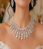 Cubic Zirconia Statement Necklace Earring Set, Diamond-Look Bridal Choker, Pageant Jewelry