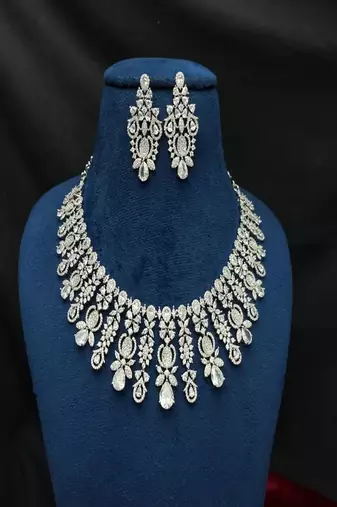 Cubic Zirconia Statement Necklace Earring Set, Diamond-Look Bridal Choker, Pageant Jewelry