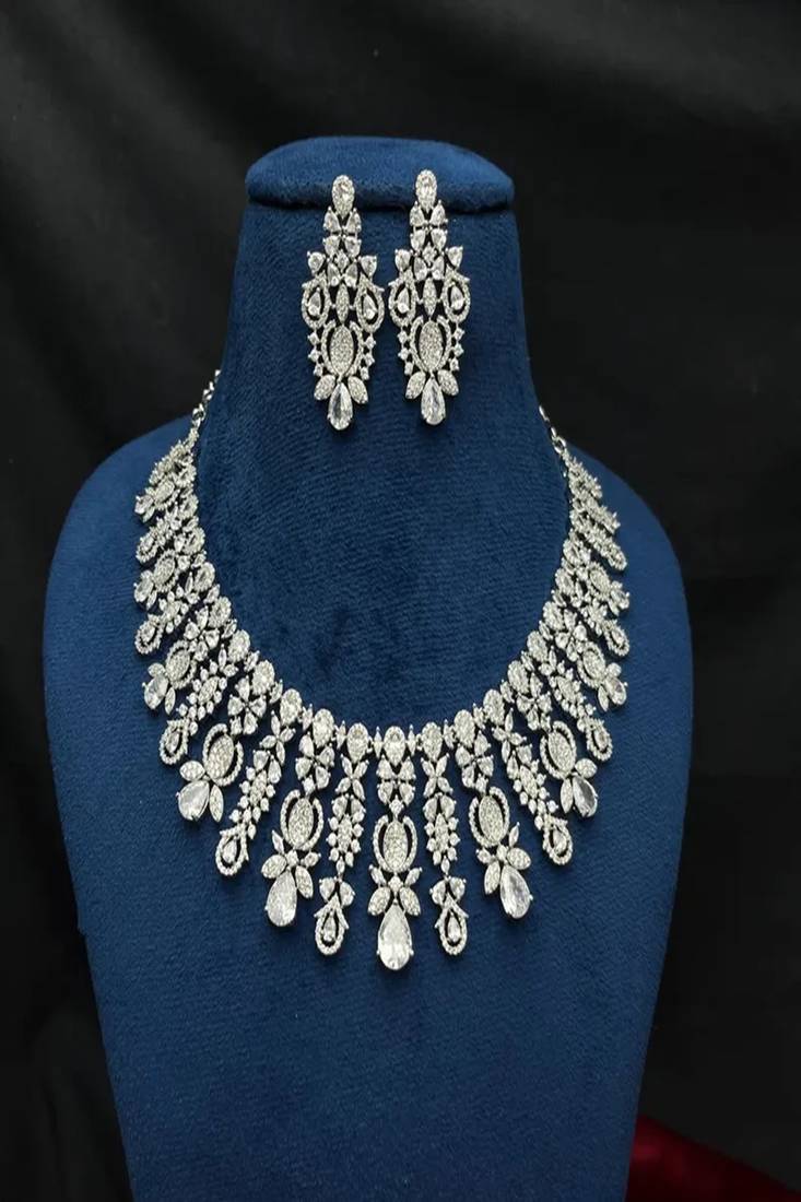 Cubic Zirconia Statement Necklace Earring Set, Diamond-Look Bridal Choker, Pageant Jewelry