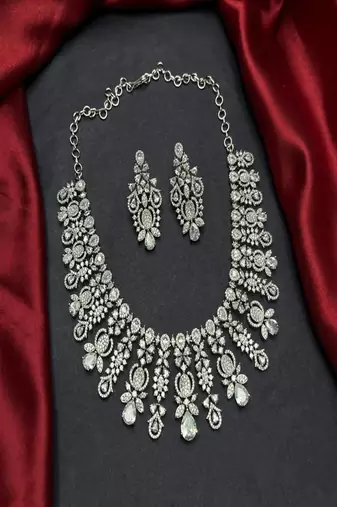 Cubic Zirconia Statement Necklace Earring Set, Diamond-Look Bridal Choker, Pageant Jewelry