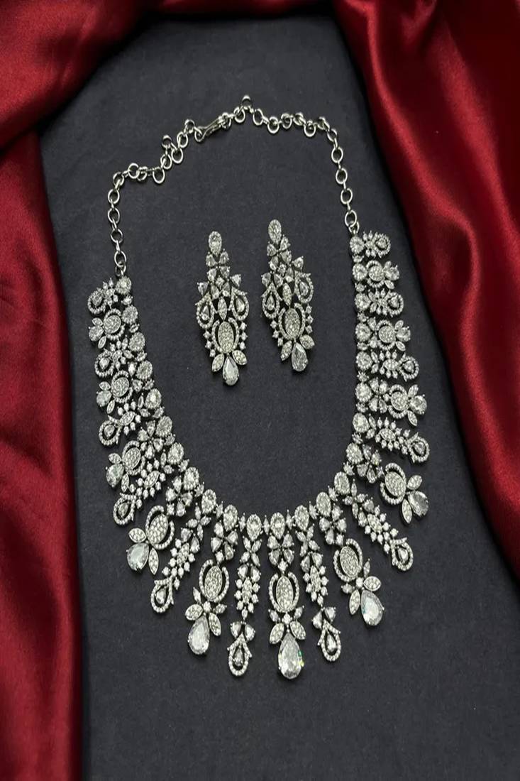Cubic Zirconia Statement Necklace Earring Set, Diamond-Look Bridal Choker, Pageant Jewelry