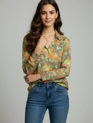 Green color designer printed super satin fabric elegant printed shirt for girls 1