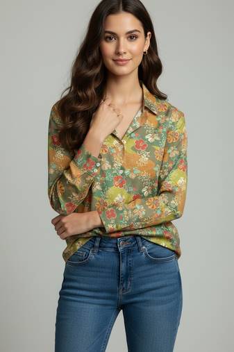 Green color designer printed super satin fabric elegant printed shirt for girls