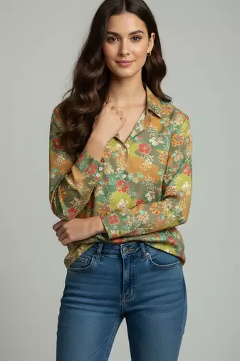 Green color designer printed super satin fabric elegant printed shirt for girls