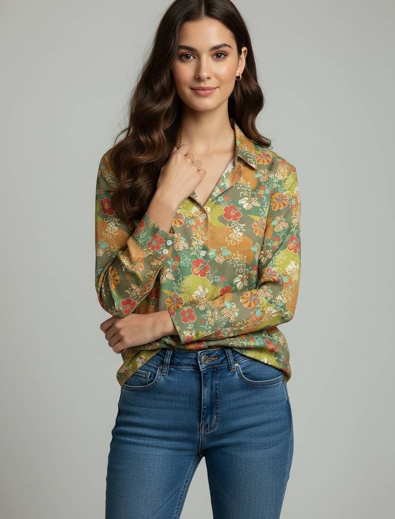 Green color designer printed super satin fabric elegant printed shirt for girls