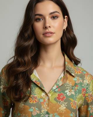 Green color designer printed super satin fabric elegant printed shirt for girls 3