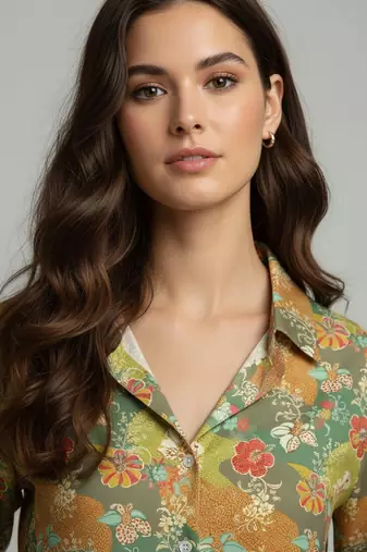 Green color designer printed super satin fabric elegant printed shirt for girls