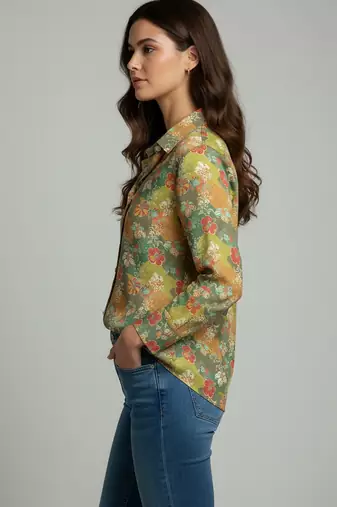 Green color designer printed super satin fabric elegant printed shirt for girls