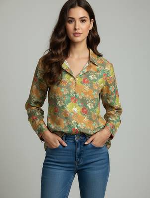 Green color designer printed super satin fabric elegant printed shirt for girls 5