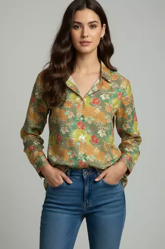 Green color designer printed super satin fabric elegant printed shirt for girls