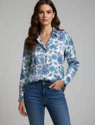 Blue color designer printed super satin fabric elegant printed shirt for girls 1