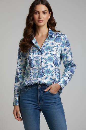 Blue color designer printed super satin fabric elegant printed shirt for girls