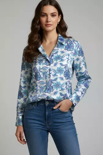 Blue color designer printed super satin fabric elegant printed shirt for girls