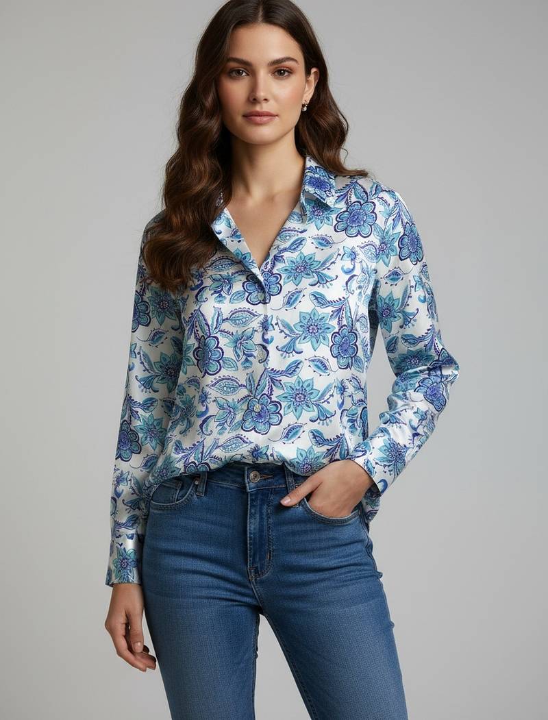Blue color designer printed super satin fabric elegant printed shirt for girls