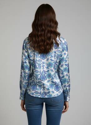 Blue color designer printed super satin fabric elegant printed shirt for girls 2