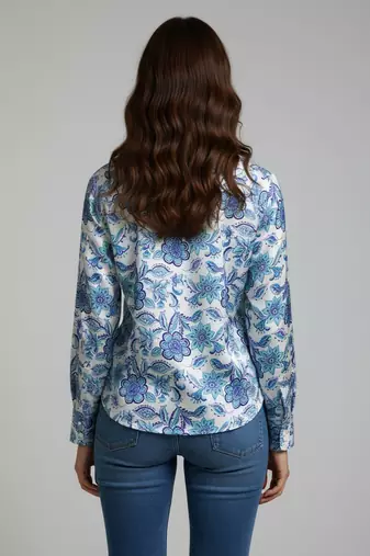 Blue color designer printed super satin fabric elegant printed shirt for girls