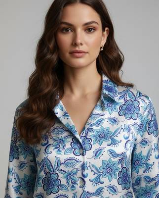 Blue color designer printed super satin fabric elegant printed shirt for girls 3