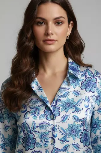 Blue color designer printed super satin fabric elegant printed shirt for girls