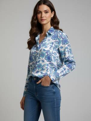 Blue color designer printed super satin fabric elegant printed shirt for girls 4
