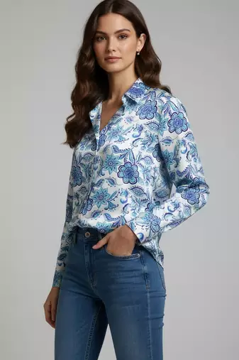 Blue color designer printed super satin fabric elegant printed shirt for girls