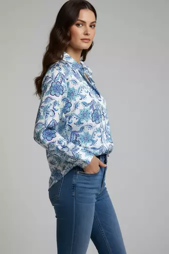 Blue color designer printed super satin fabric elegant printed shirt for girls