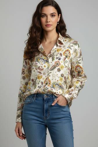 Cream color designer printed super satin fabric elegant printed shirt for girls