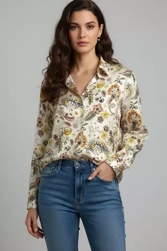 Cream color designer printed super satin fabric elegant printed shirt for girls