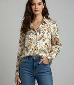 Cream color designer printed super satin fabric elegant printed shirt for girls