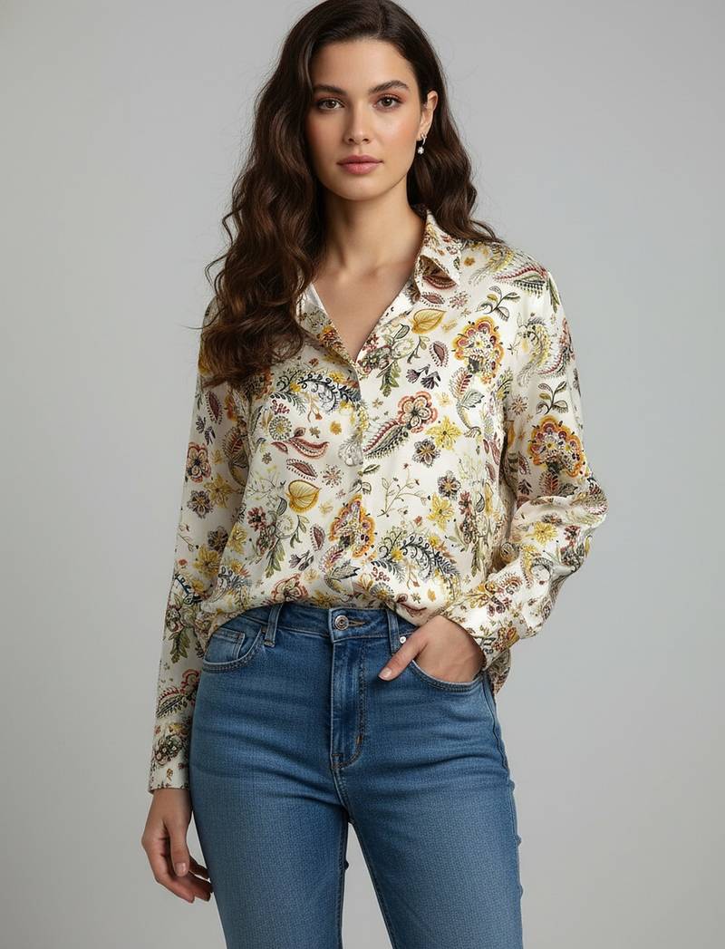 Cream color designer printed super satin fabric elegant printed shirt for girls