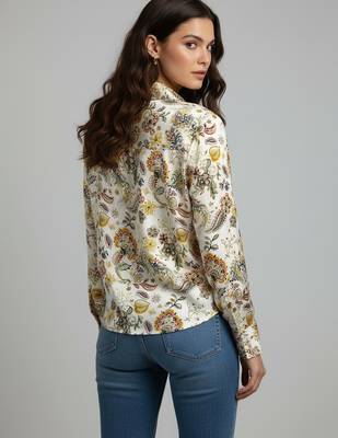 Cream color designer printed super satin fabric elegant printed shirt for girls 2