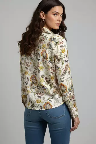 Cream color designer printed super satin fabric elegant printed shirt for girls