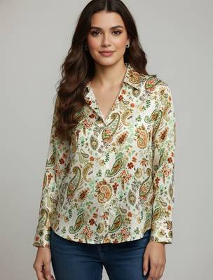 Green color designer printed super satin fabric elegant printed shirt for girls 1