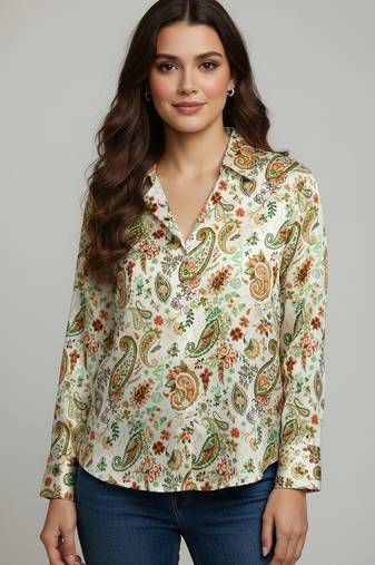 Green color designer printed super satin fabric elegant printed shirt for girls