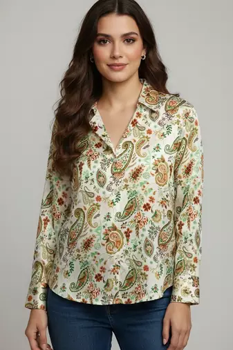 Green color designer printed super satin fabric elegant printed shirt for girls