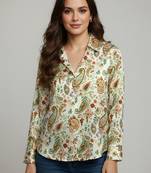 Green color designer printed super satin fabric elegant printed shirt for girls