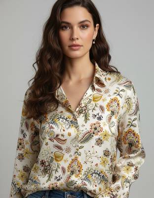 Cream color designer printed super satin fabric elegant printed shirt for girls 3