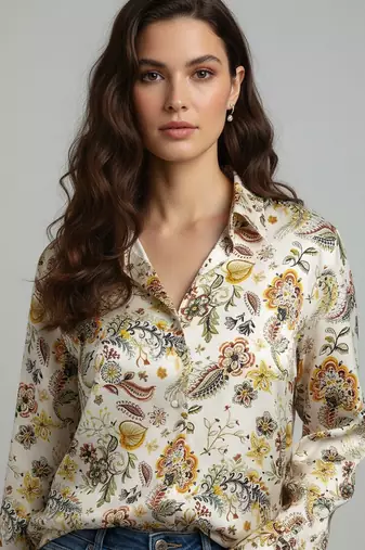 Cream color designer printed super satin fabric elegant printed shirt for girls