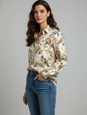Cream color designer printed super satin fabric elegant printed shirt for girls 4