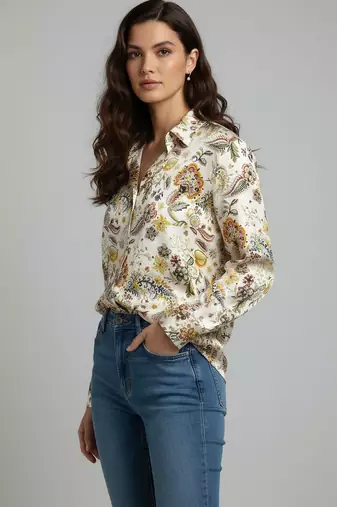 Cream color designer printed super satin fabric elegant printed shirt for girls