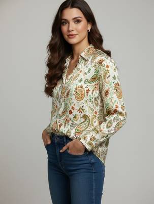 Green color designer printed super satin fabric elegant printed shirt for girls 3