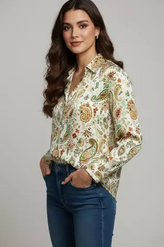 Green color designer printed super satin fabric elegant printed shirt for girls