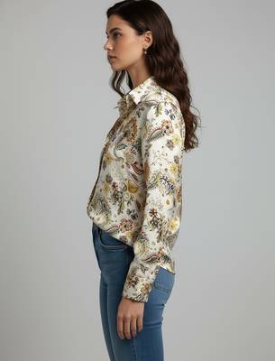 Cream color designer printed super satin fabric elegant printed shirt for girls 5