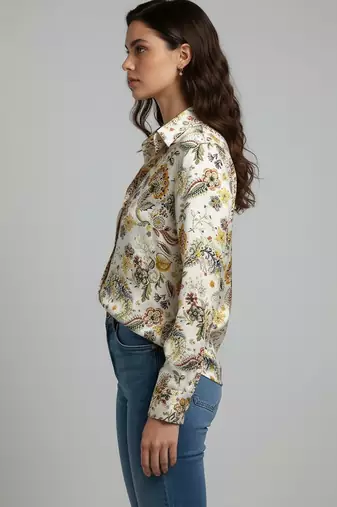 Cream color designer printed super satin fabric elegant printed shirt for girls