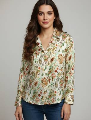 Green color designer printed super satin fabric elegant printed shirt for girls 4
