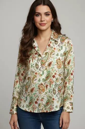 Green color designer printed super satin fabric elegant printed shirt for girls