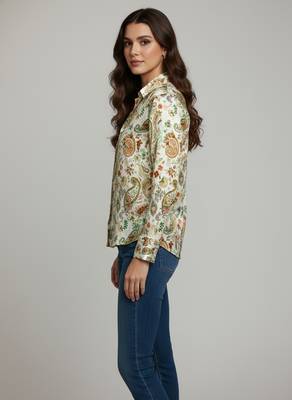 Green color designer printed super satin fabric elegant printed shirt for girls 5