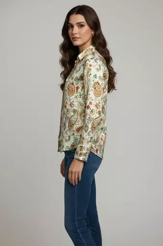 Green color designer printed super satin fabric elegant printed shirt for girls