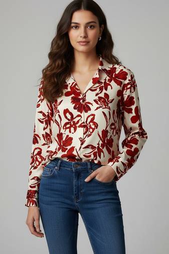 Rust color designer printed super satin fabric elegant printed shirt for girls