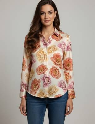 Cream color designer printed super satin fabric elegant printed shirt for girls 1
